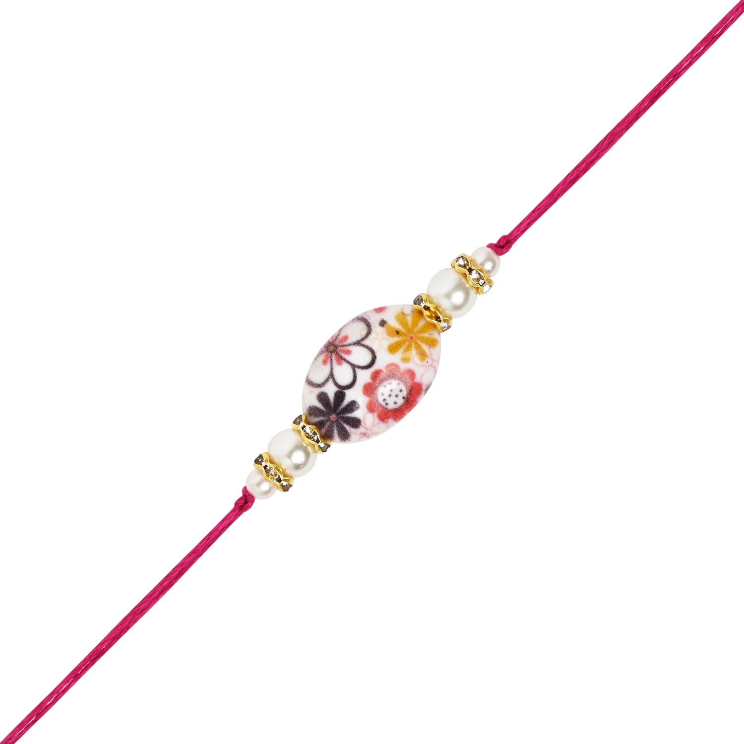 Elegant Bhaiya Bhabhi Pink Lumba Pearl & Rakhi With Roli Chawal &Card