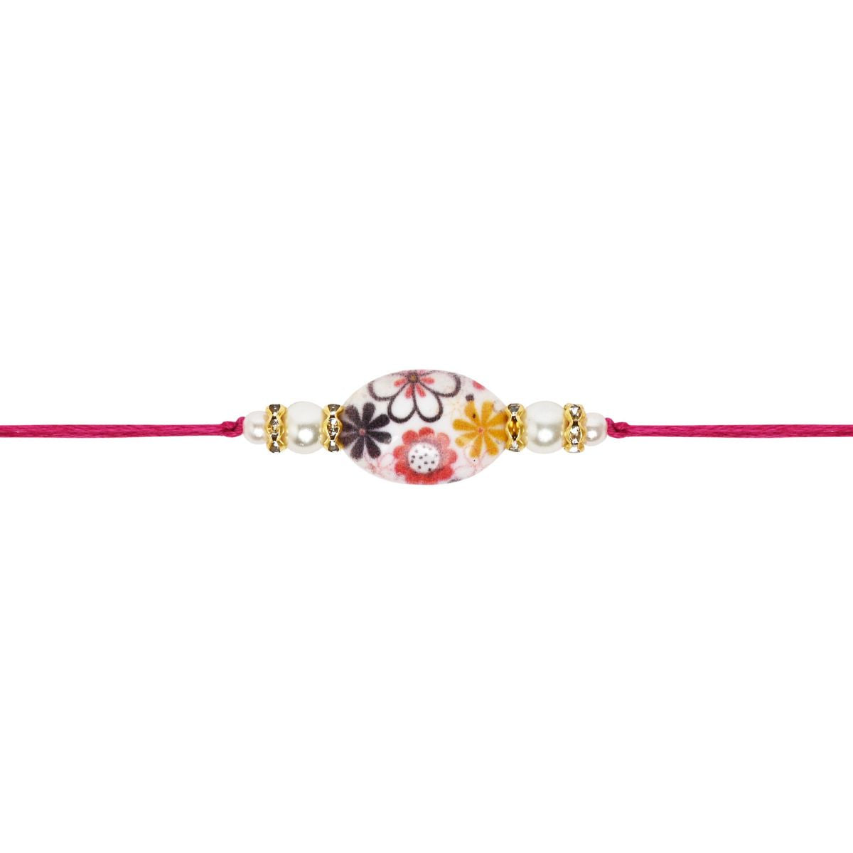 Delicate Pearl Beads Pink Rakhi with Roli Chawal & Rakshabandhan Card