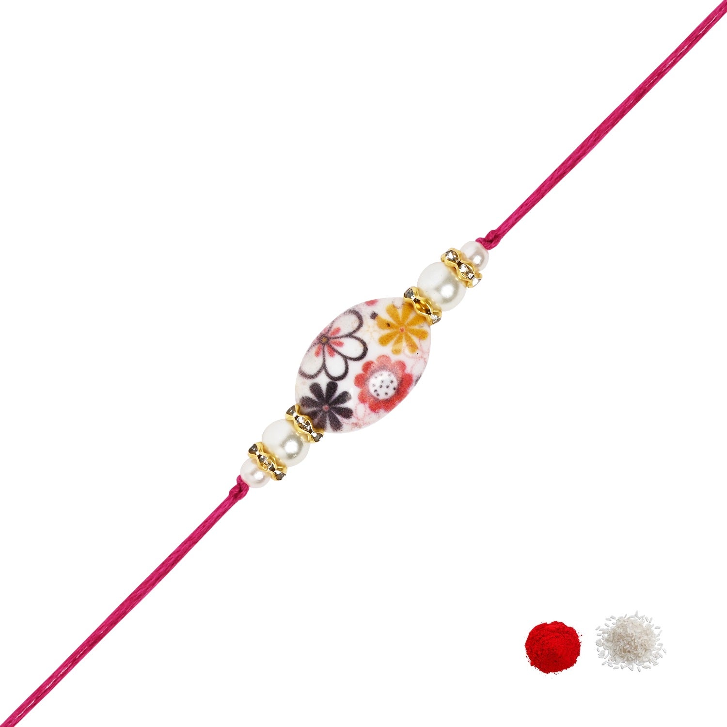 Delicate Pearl Beads Pink Rakhi with Roli Chawal & Rakshabandhan Card