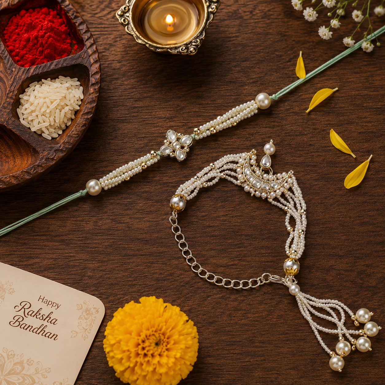 Elegant Bhaiya Bhabhi White Lumba Pearl Rakhi With Roli Chawal &Card