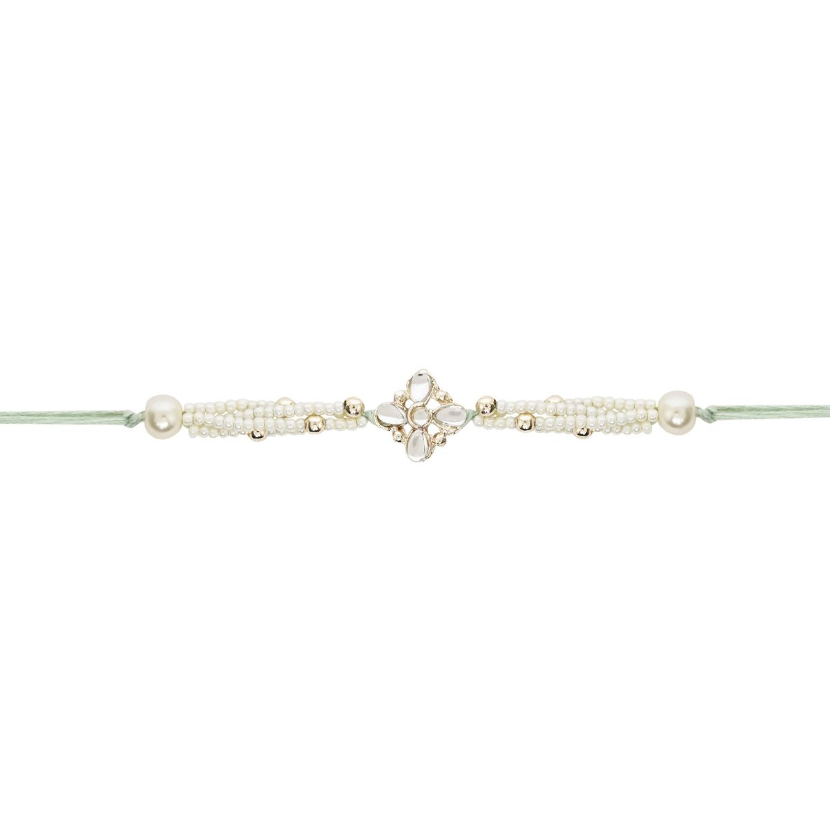Delicate Pearl Beads White Rakhi with Roli Chawal & Rakshabandhan Card