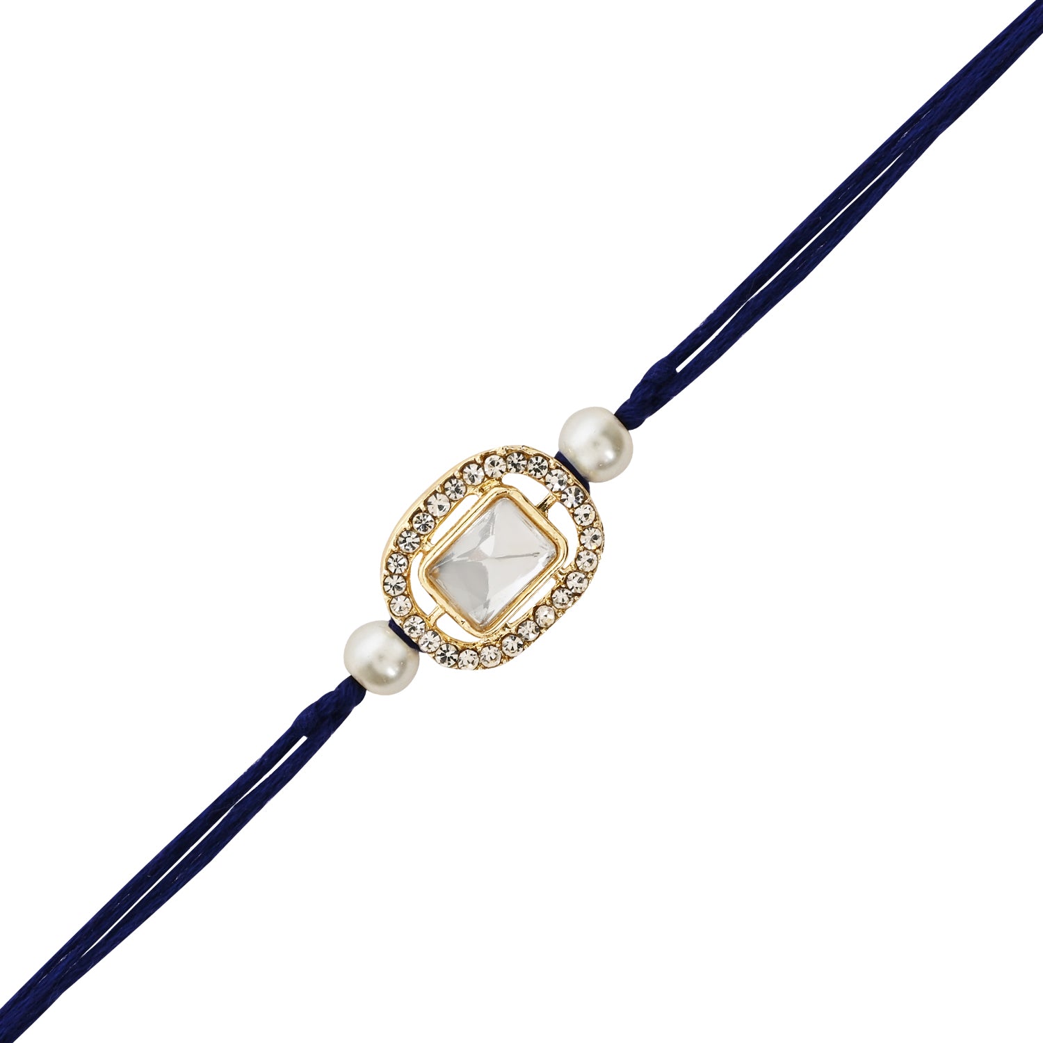 Elegant Bhaiya Bhabhi Blue Lumba & Pearl Rakhi With Roli Chawal &Card