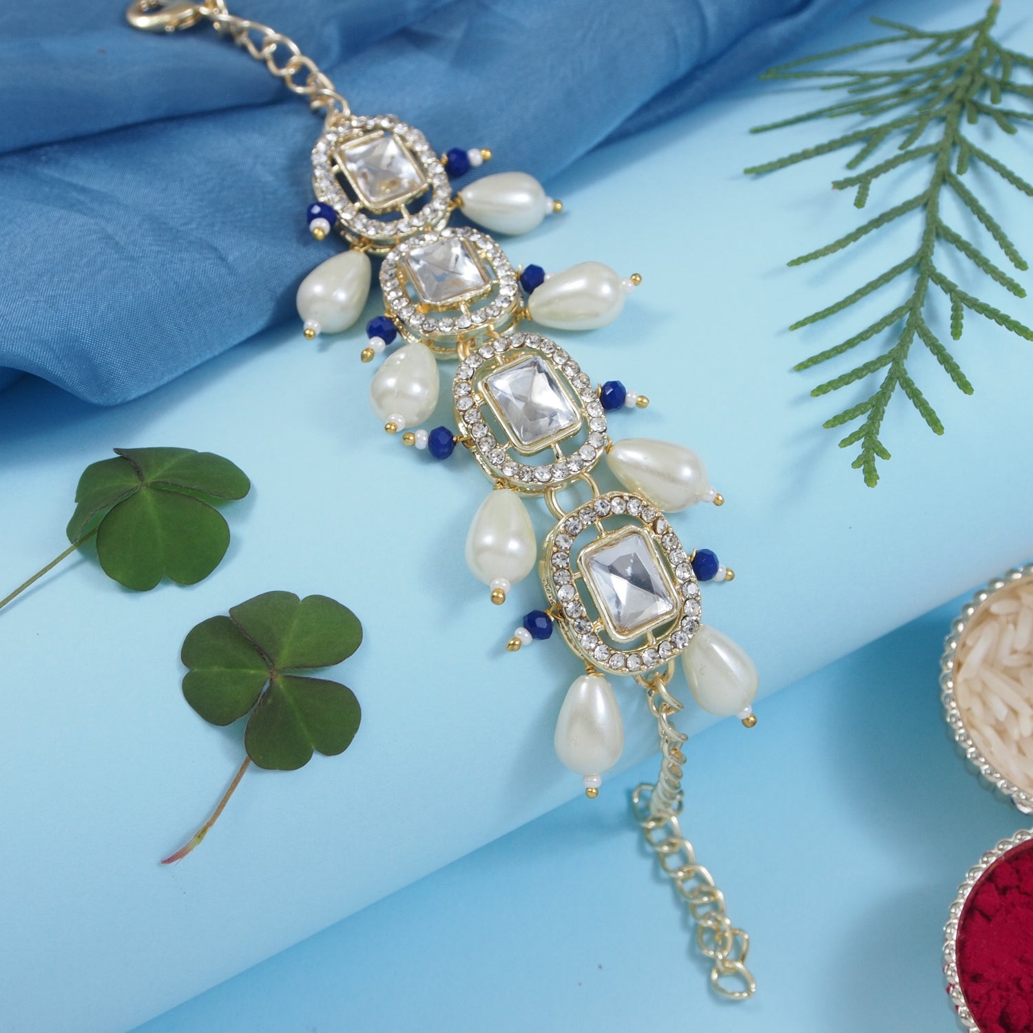 Blue Pearl & Kundan Adjustable Bracelet