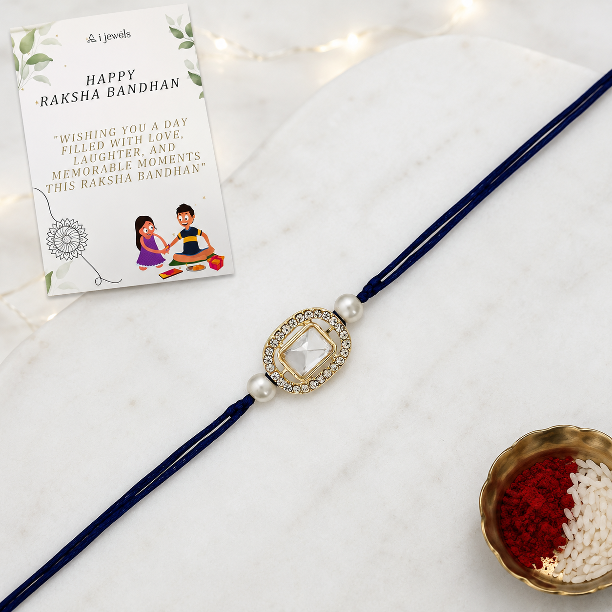 Delicate Pearl Beads Blue Rakhi with Roli Chawal & Rakshabandhan Card