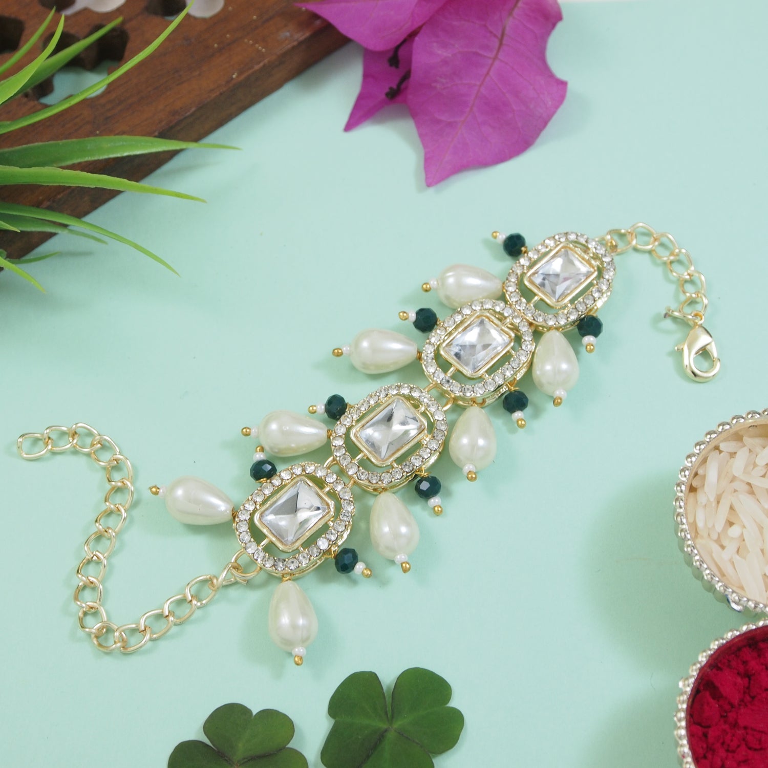 Green Pearl & Kundan Adjustable Bracelet