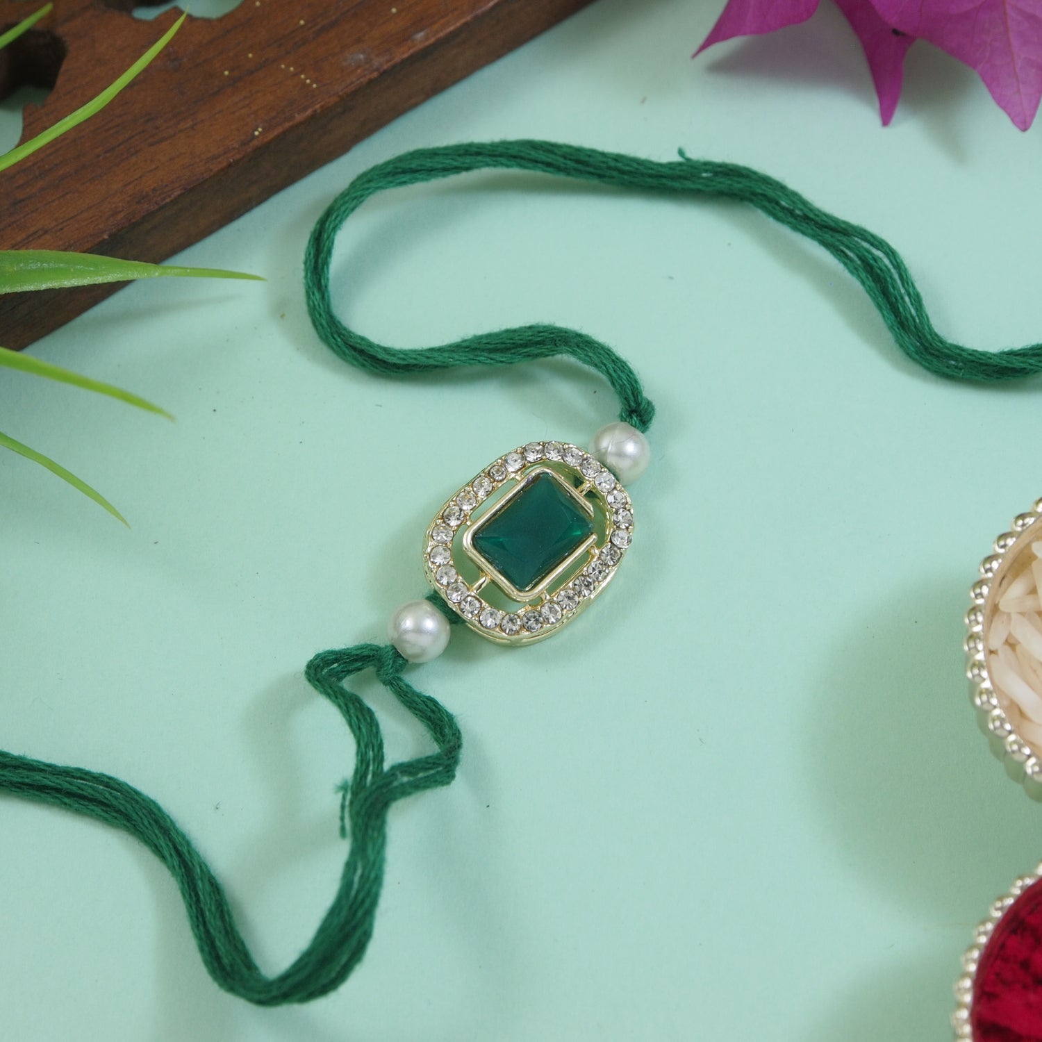 Delicate Pearl Beads Green Rakhi with Roli Chawal & Rakshabandhan Card