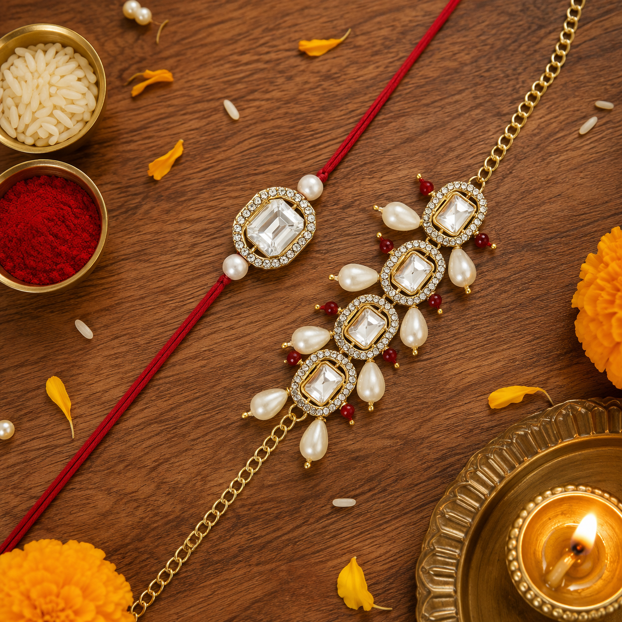 Elegant Bhaiya Bhabhi Red Lumba Pearl & Rakhi With Roli Chawal &Card