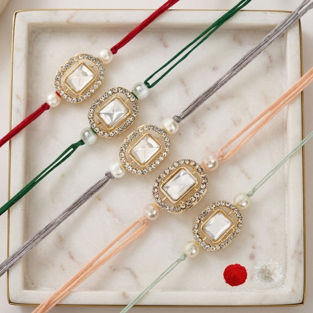 Elegance Kundan & Pearl Beads Rakhi with Roli Chawal & Card (Pack of 5)