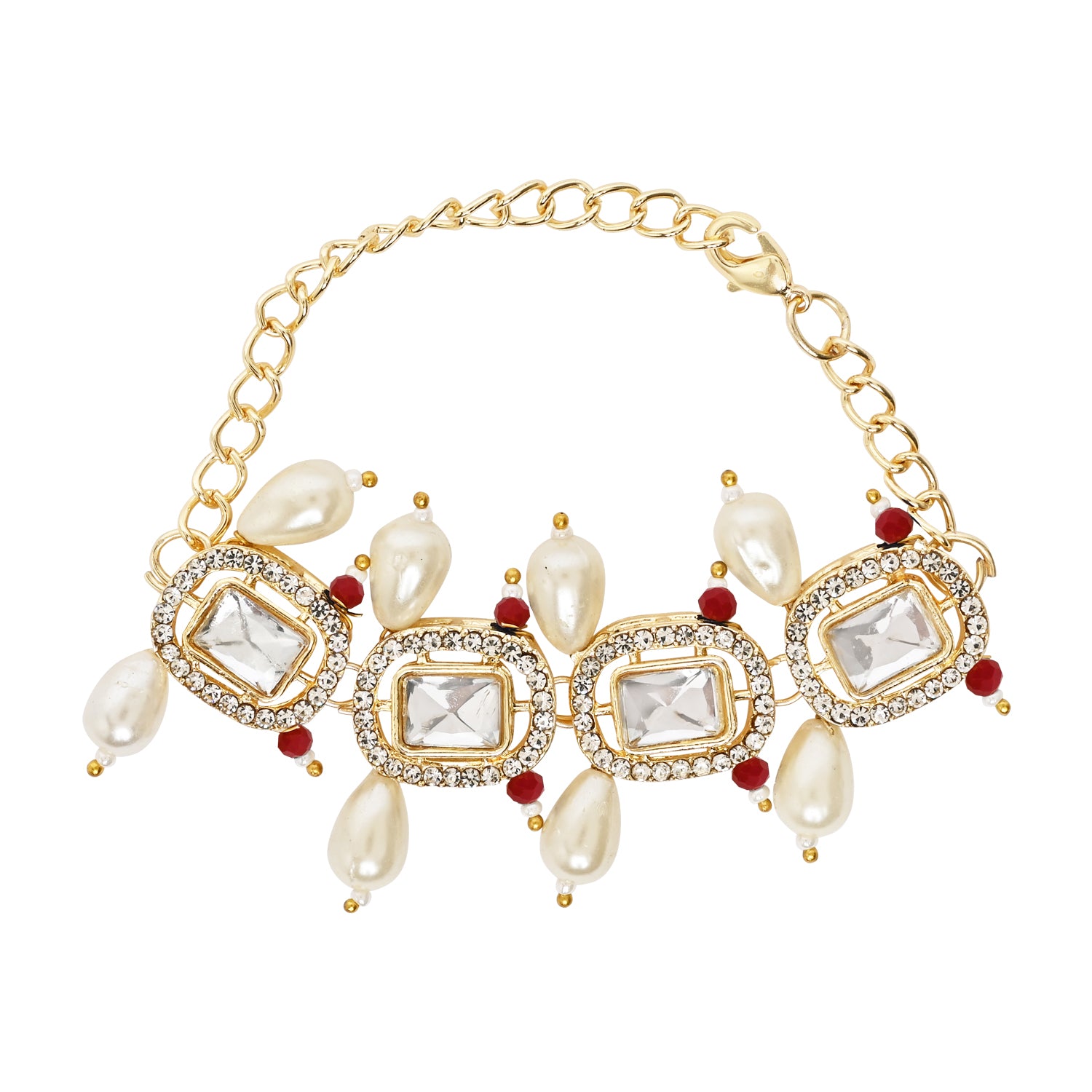 Red Pearl & Kundan Adjustable Bracelet