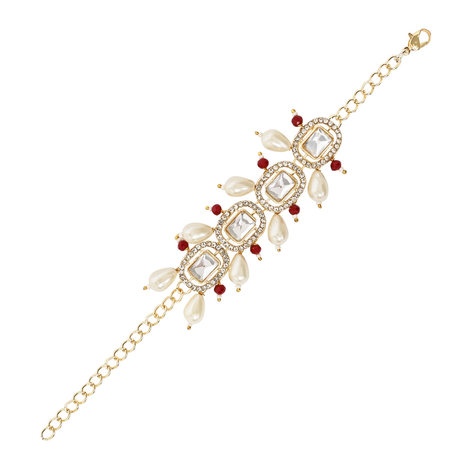 Red Pearl & Kundan Adjustable Bracelet