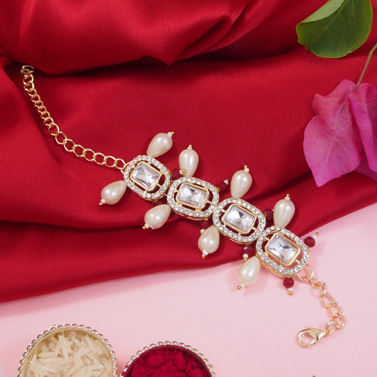 Red Pearl & Kundan Adjustable Bracelet