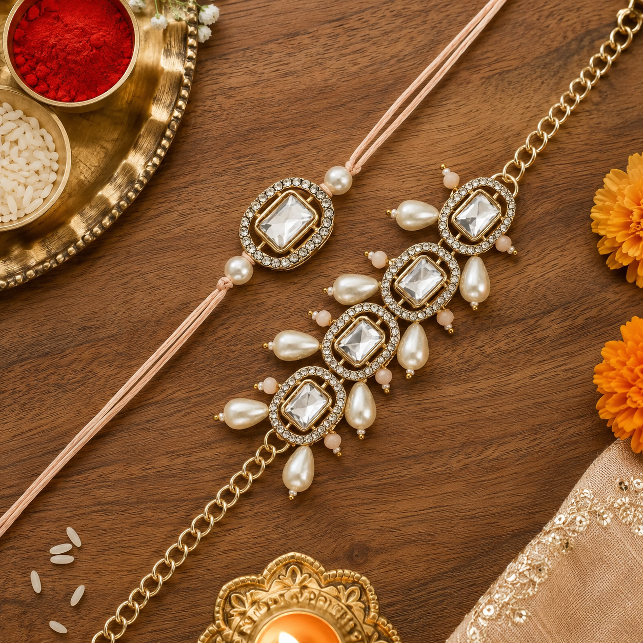 Elegant Bhaiya Bhabhi Peach Lumba Pearl & Rakhi With Roli Chawal &Card
