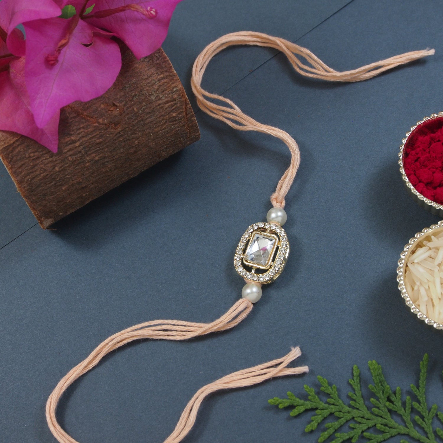 Elegance Kundan & Pearl Beads Rakhi with Roli Chawal & Card (Pack of 3)