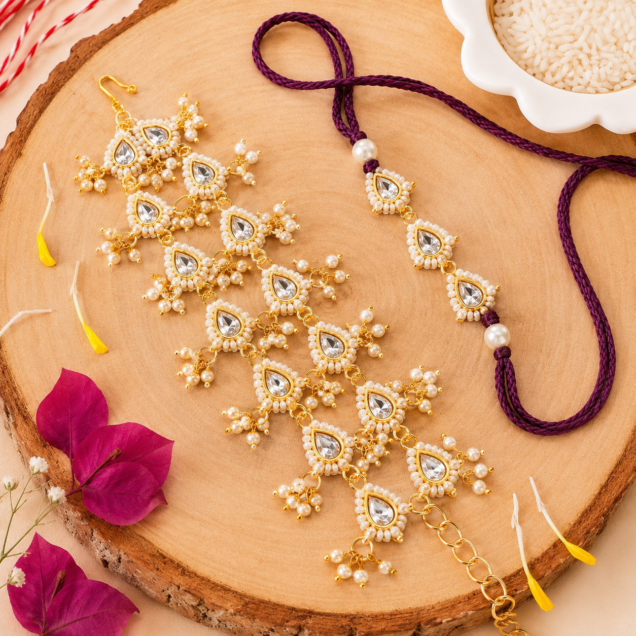 Elegant Bhaiya Bhabhi Wine Lumba Pearl & Rakhi With Roli Chawal &Card