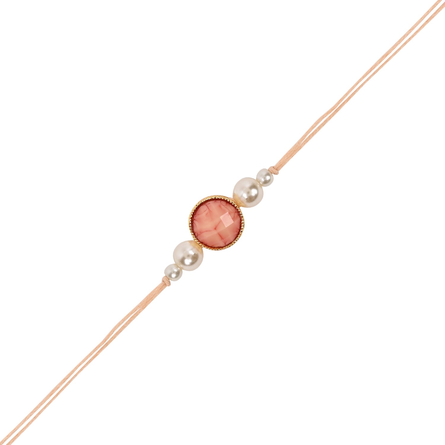 Elegant Bhaiya Bhabhi Peach Lumba Pearl & Rakhi With Roli Chawal &Card