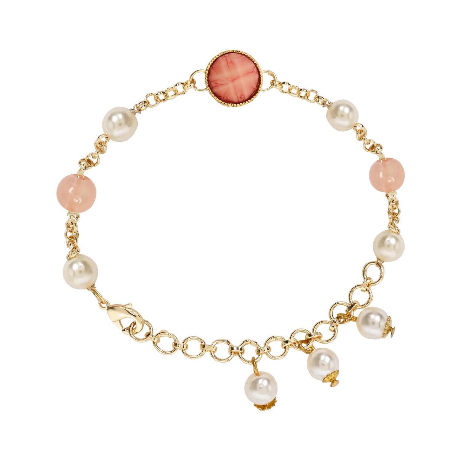 Elegantly Crafted Marble Finish Peach Pearl & Kundan Adjustable Lumba Bracelet