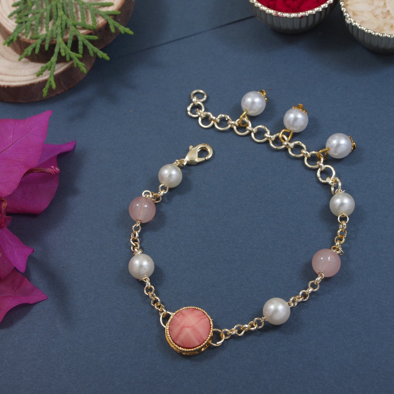 Elegantly Crafted Marble Finish Peach Pearl & Kundan Adjustable Lumba Bracelet