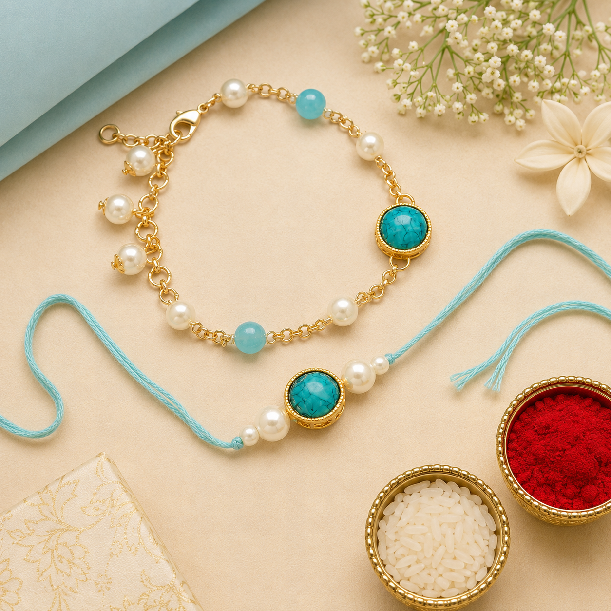 Elegant Bhaiya Bhabhi Turquoise Lumba Pearl Rakhi With Roli Chawal &Card