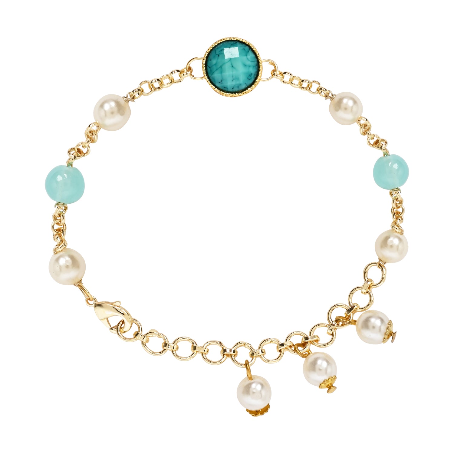 Turquoise Marble Finish Pearl & Kundan Adjustable Bracelet