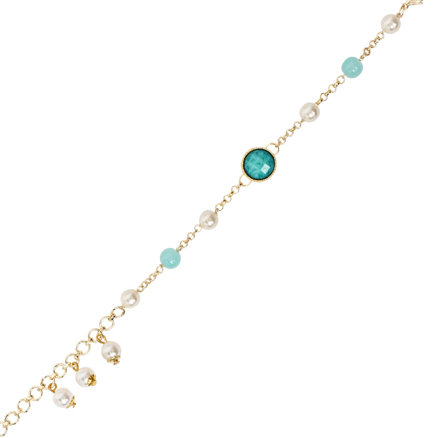 Turquoise Marble Finish Pearl & Kundan Adjustable Bracelet