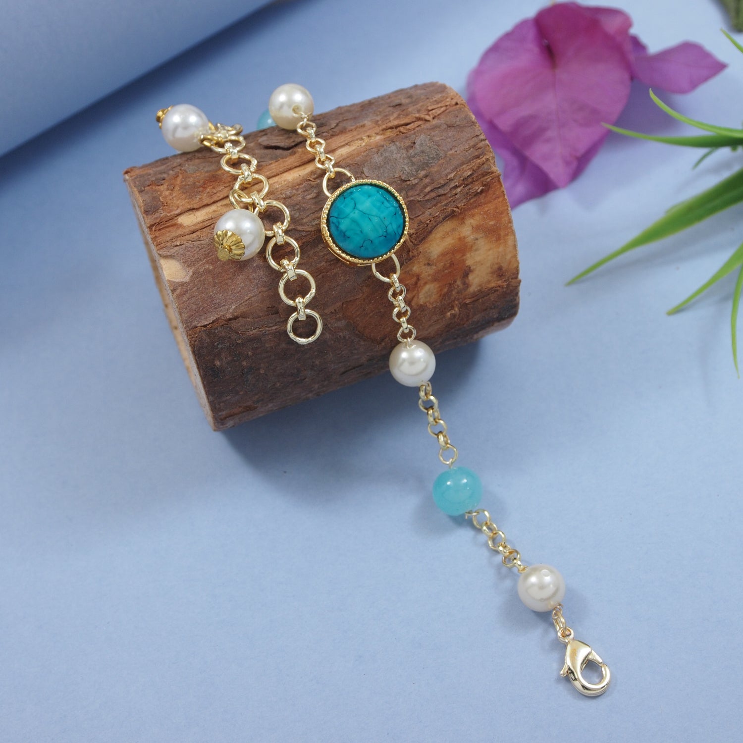 Turquoise Marble Finish Pearl & Kundan Adjustable Bracelet
