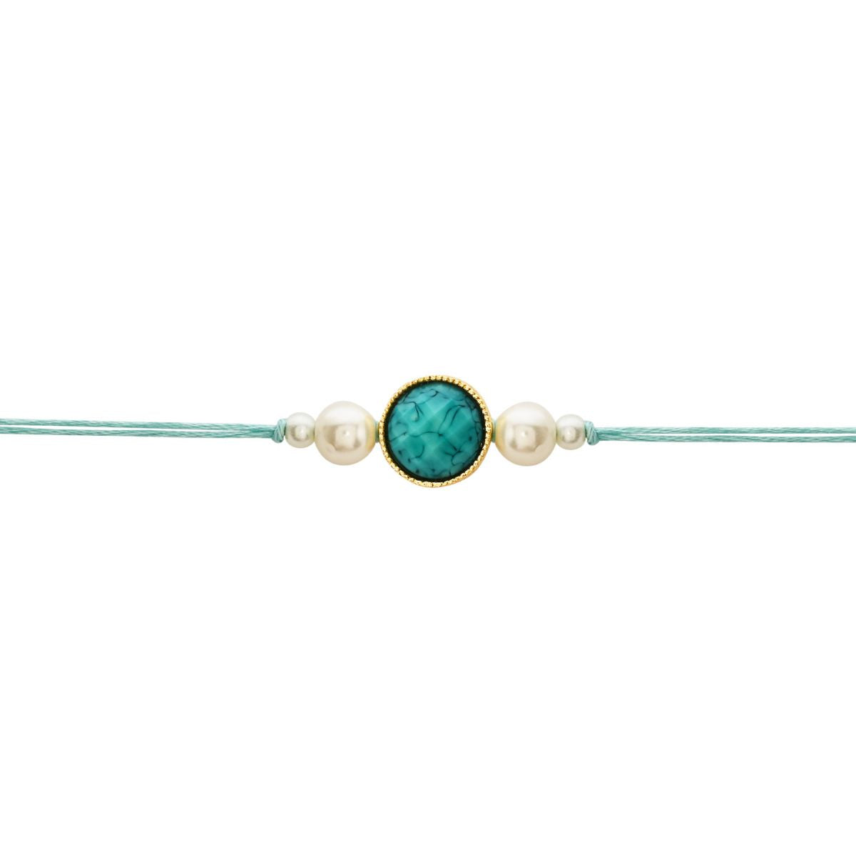 Delicate Pearl Beads Marble Finish Turquoise Rakhi with Roli Chawal & Rakshabandhan Card