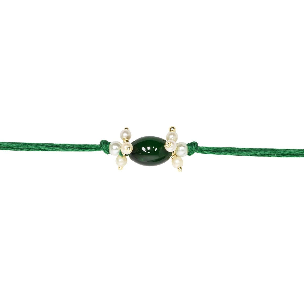Delicate Pearl Beads Green Rakhi with Roli Chawal & Rakshabandhan Card