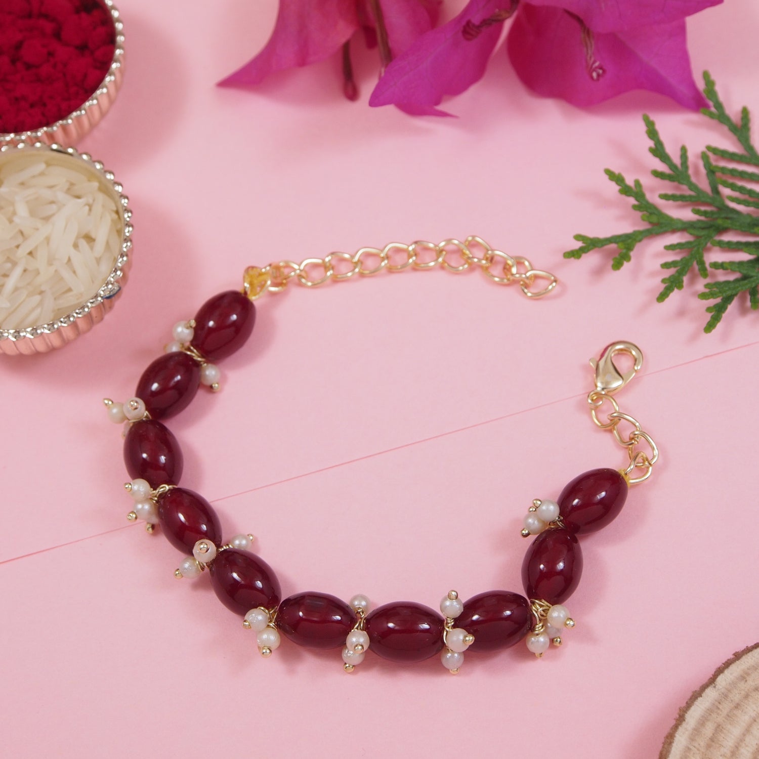 Maroon Pearl Beaded Adjustable Bracelet