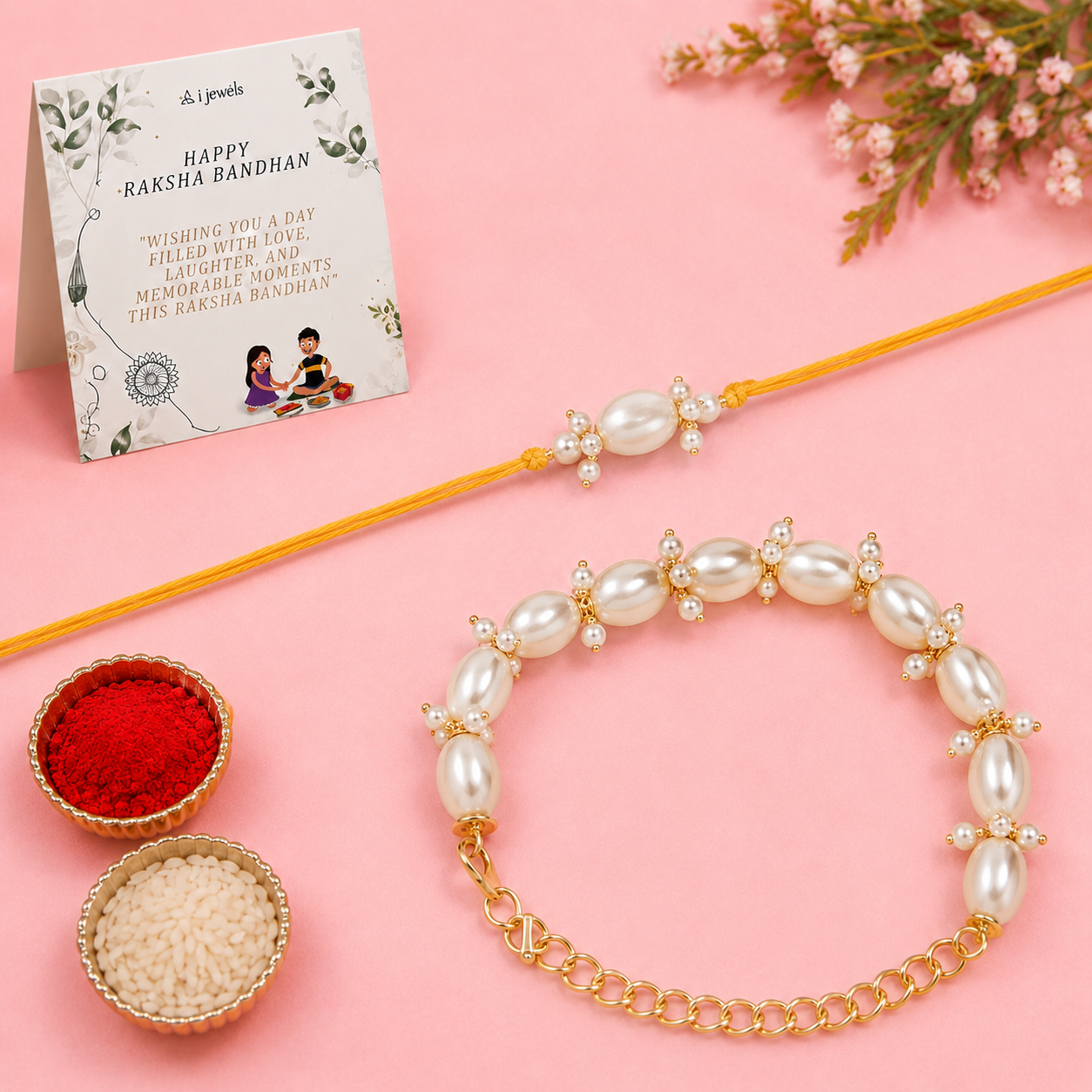 Elegant Bhaiya Bhabhi White Lumba Pearl Rakhi With Roli Chawal &Card