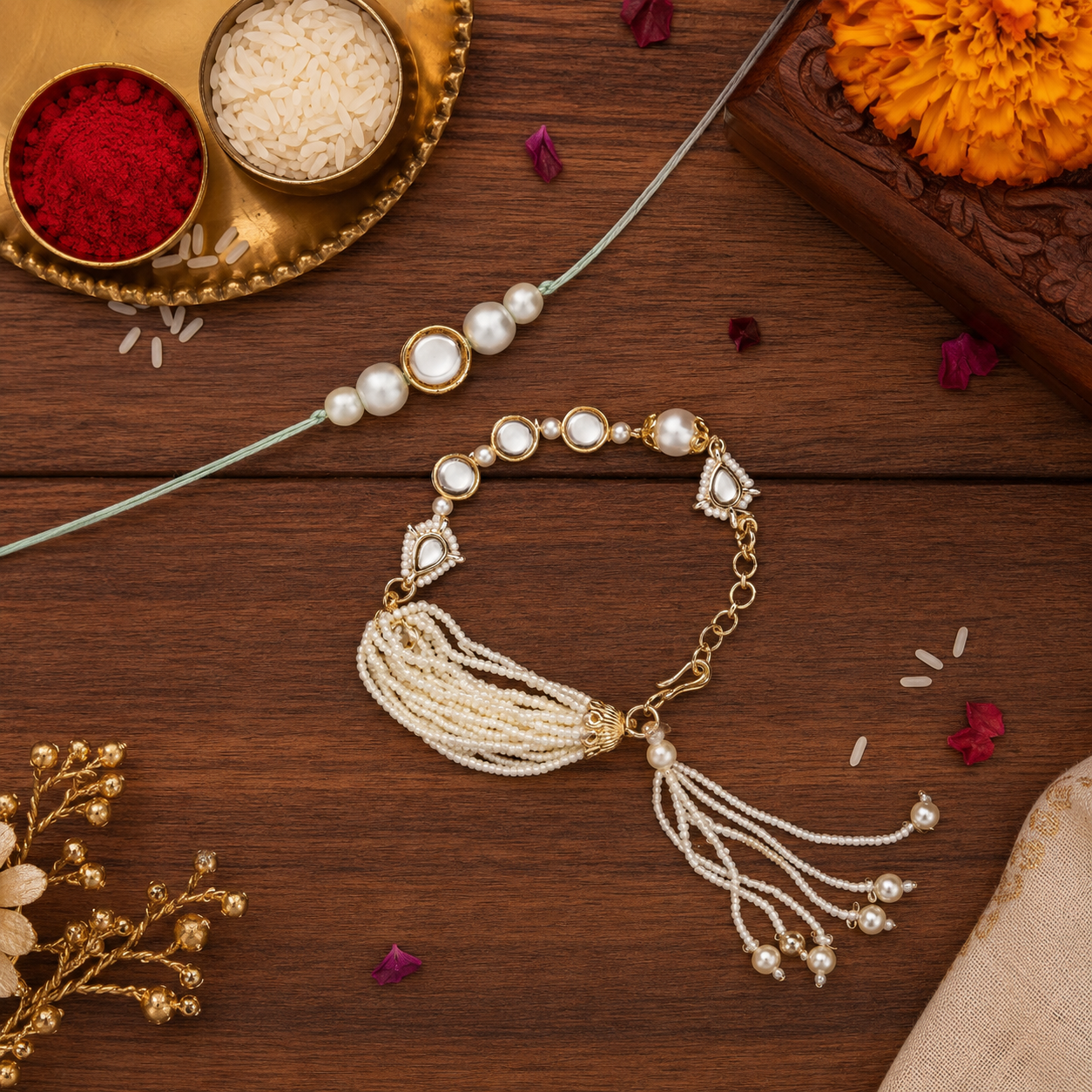 Elegant Bhaiya Bhabhi White Lumba Pearl Rakhi With Roli Chawal &Card