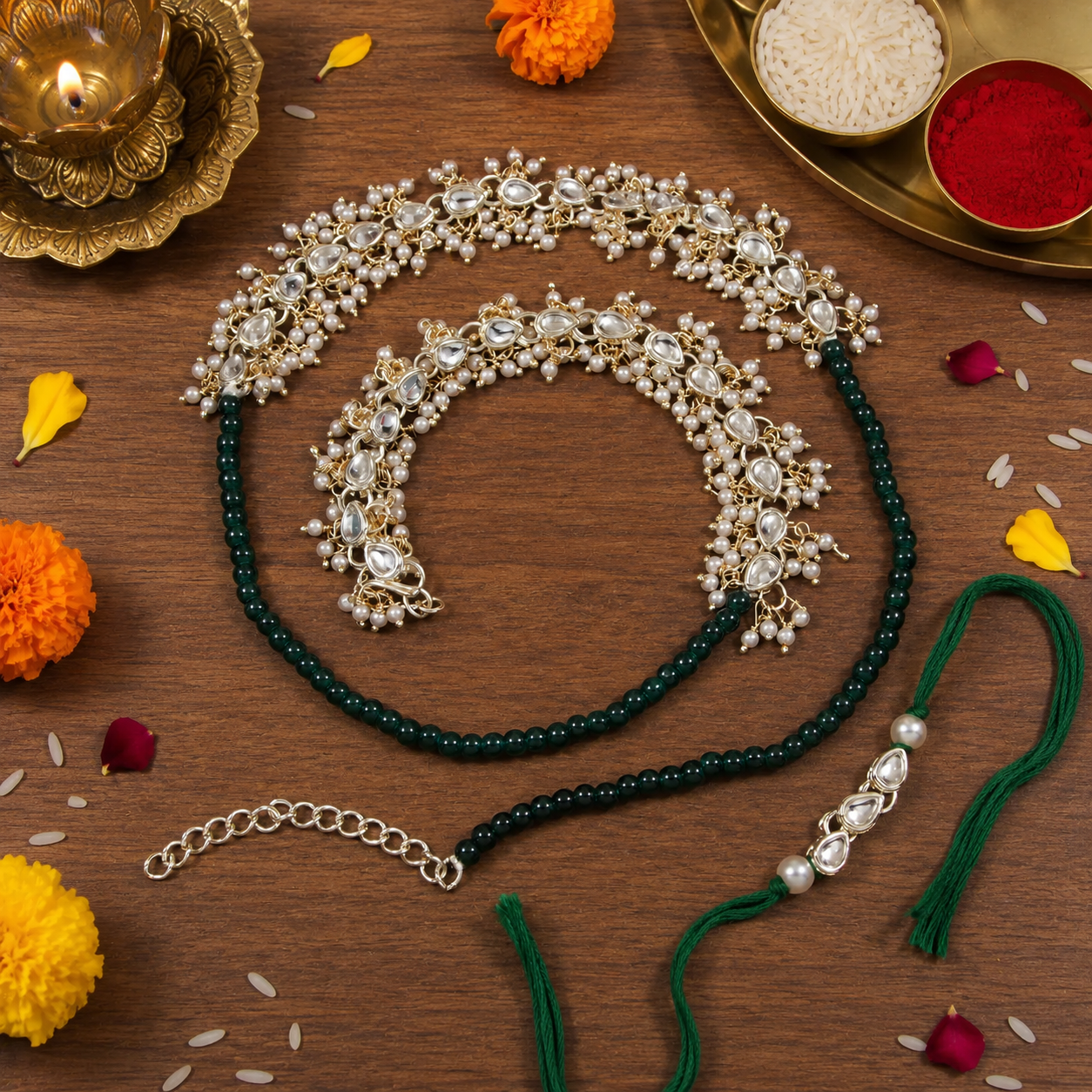 Elegant Bhaiya Bhabhi Green Wrap Around Lumba & Pearl Rakhi With Roli Chawal & Card