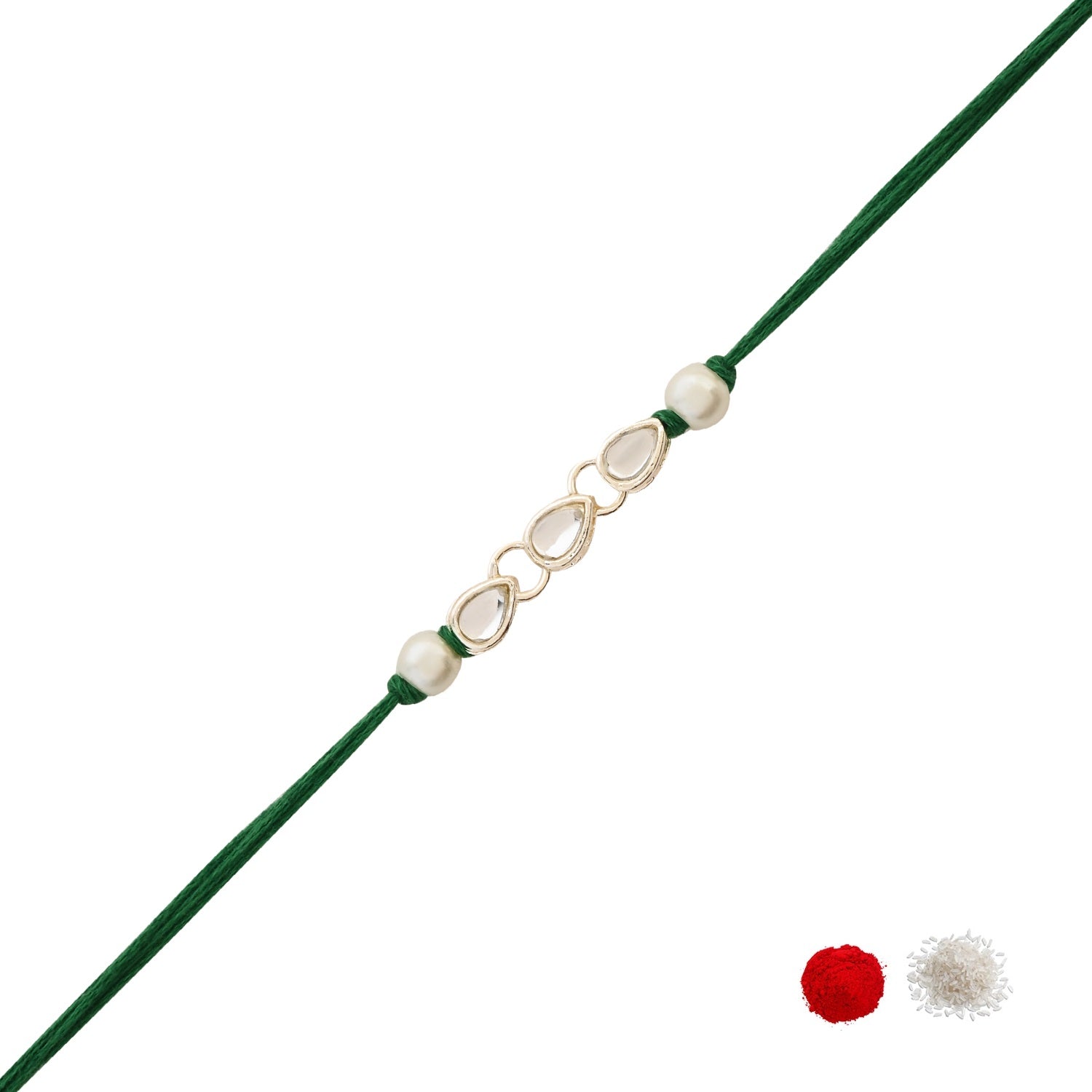 Delicate Pearl Beads Green Rakhi with Roli Chawal & Rakshabandhan Card