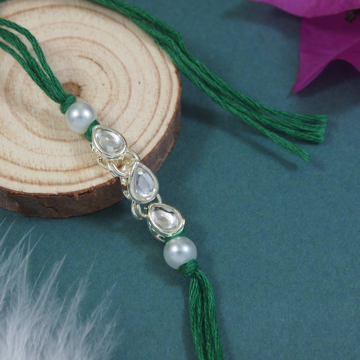 Delicate Pearl Beads Green Rakhi with Roli Chawal & Rakshabandhan Card