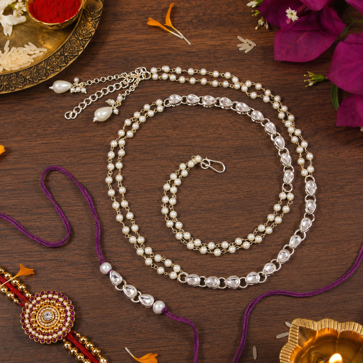 Elegant Bhaiya Bhabhi White Wrap Around Lumba Pearl Rakhi With Roli Chawal &Card