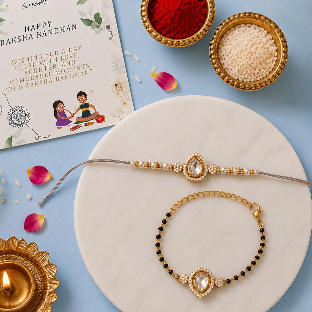 Elegant Bhaiya Bhabhi Pearl Lumba Mangalsutra Bracelet & Rakhi With Roli Chawal & Card