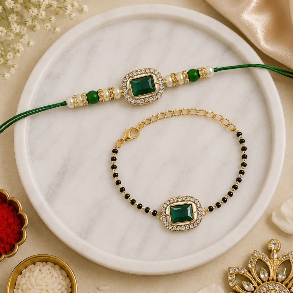 Elegant Bhaiya Bhabhi Pearl Lumba Mangalsutra Bracelet & Rakhi With Roli Chawal & Card