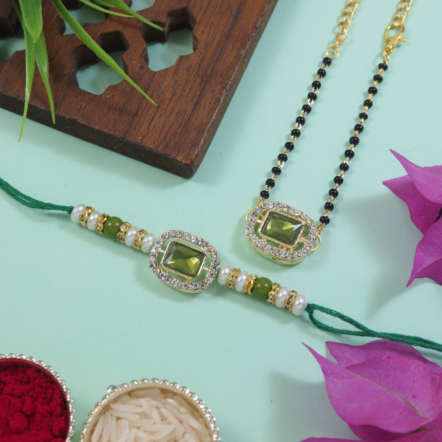 Elegant Bhaiya Bhabhi Pearl Lumba Mangalsutra Bracelet & Rakhi With Roli Chawal & Card