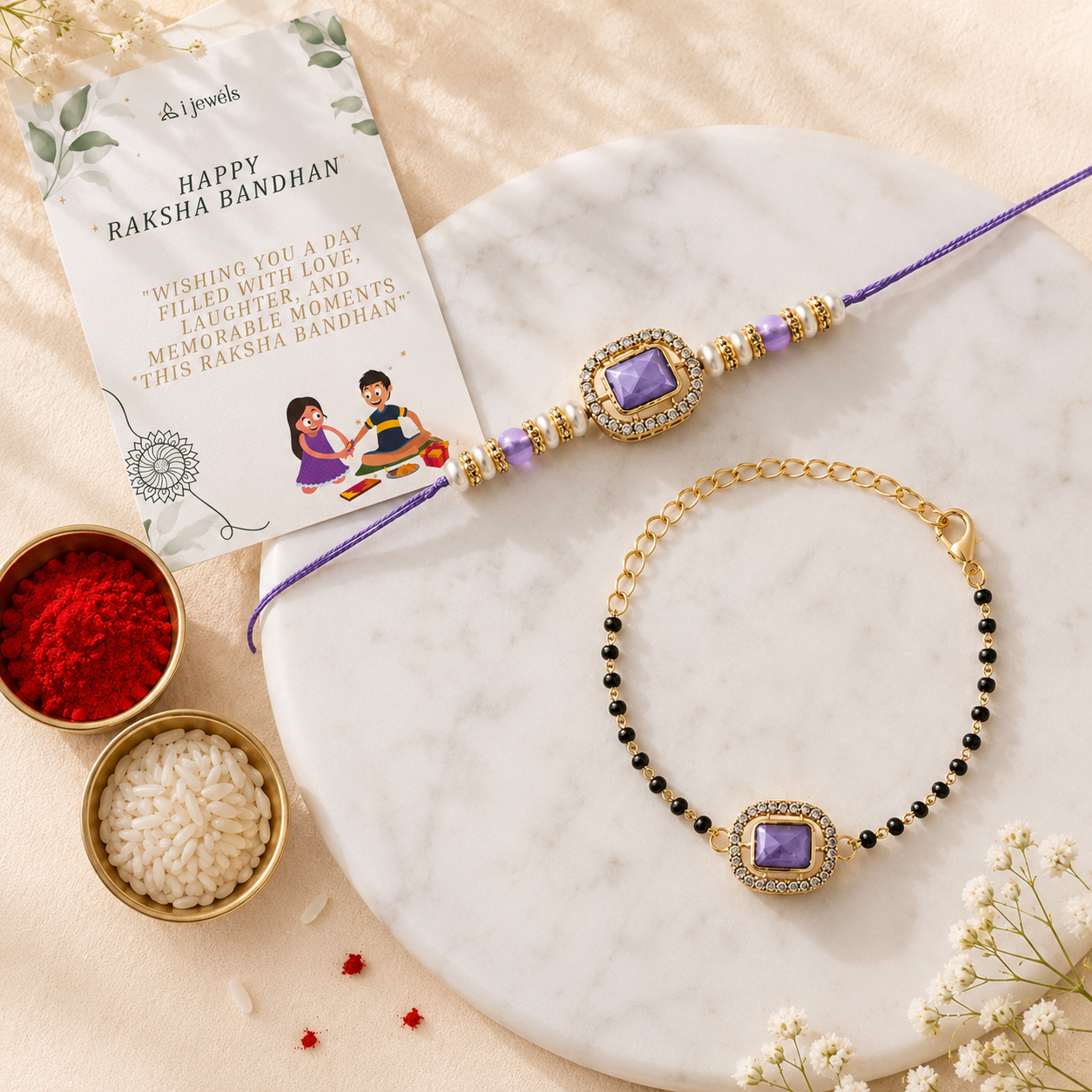 Elegant Bhaiya Bhabhi Pearl Lumba Mangalsutra Bracelet & Rakhi With Roli Chawal & Card