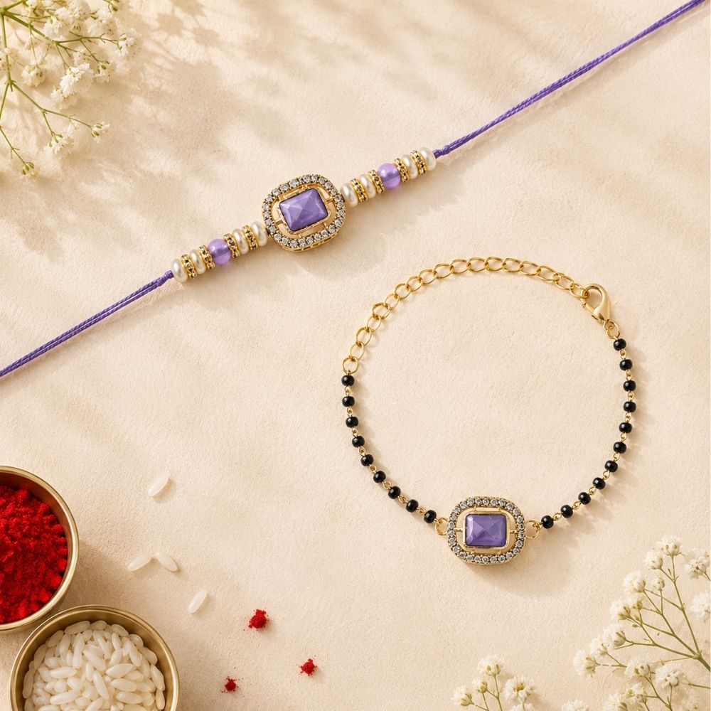 Elegant Bhaiya Bhabhi Pearl Lumba Mangalsutra Bracelet & Rakhi With Roli Chawal & Card