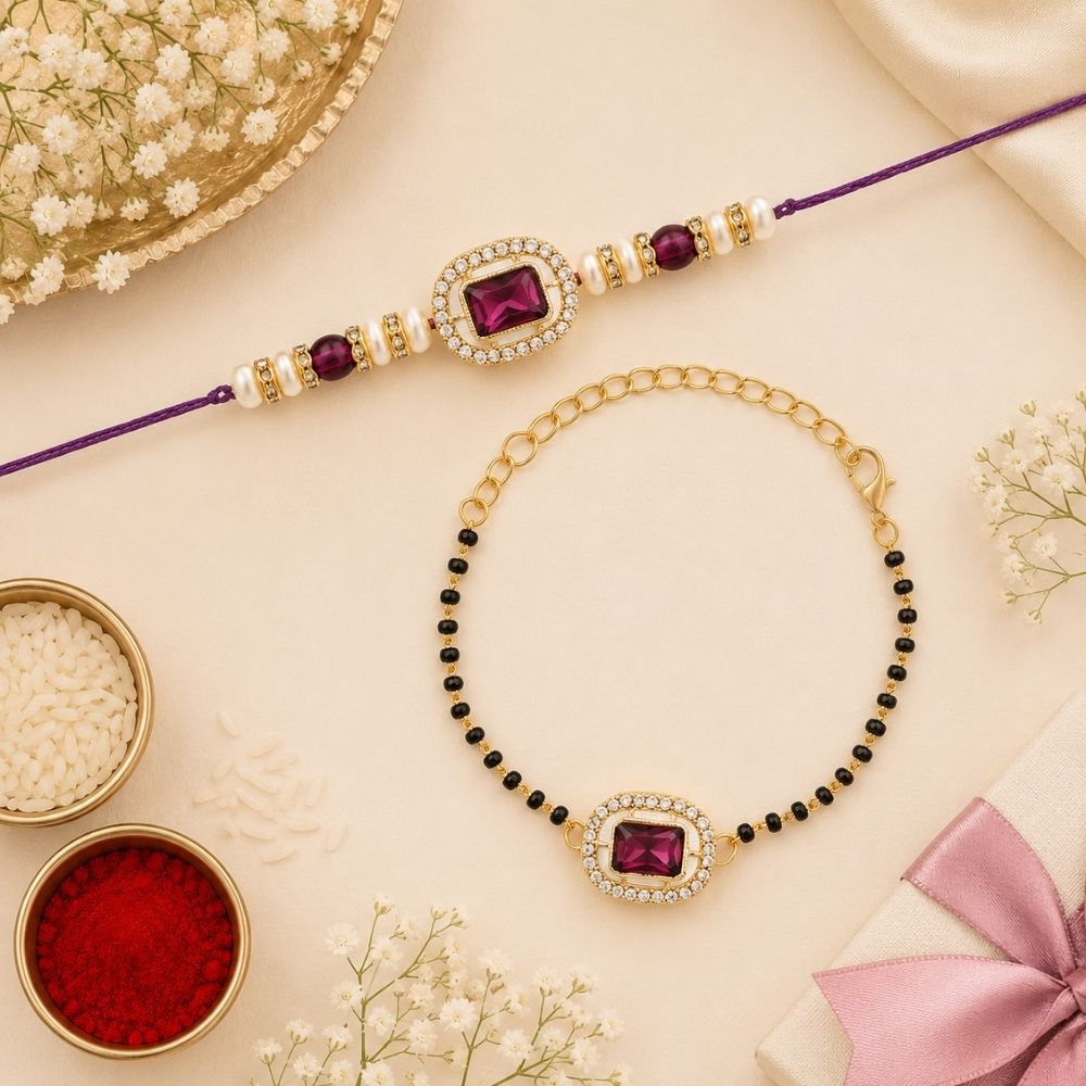 Elegant Bhaiya Bhabhi Pearl Lumba Mangalsutra Bracelet & Rakhi With Roli Chawal & Card