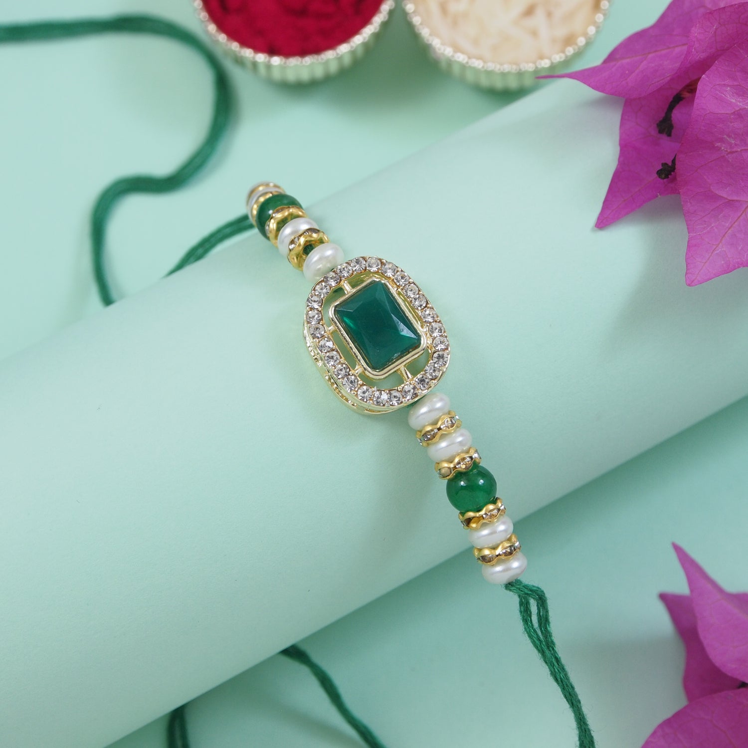 Elegance Kundan & Pearl Beads Rakhi with Roli Chawal & Card (Pack of 2)