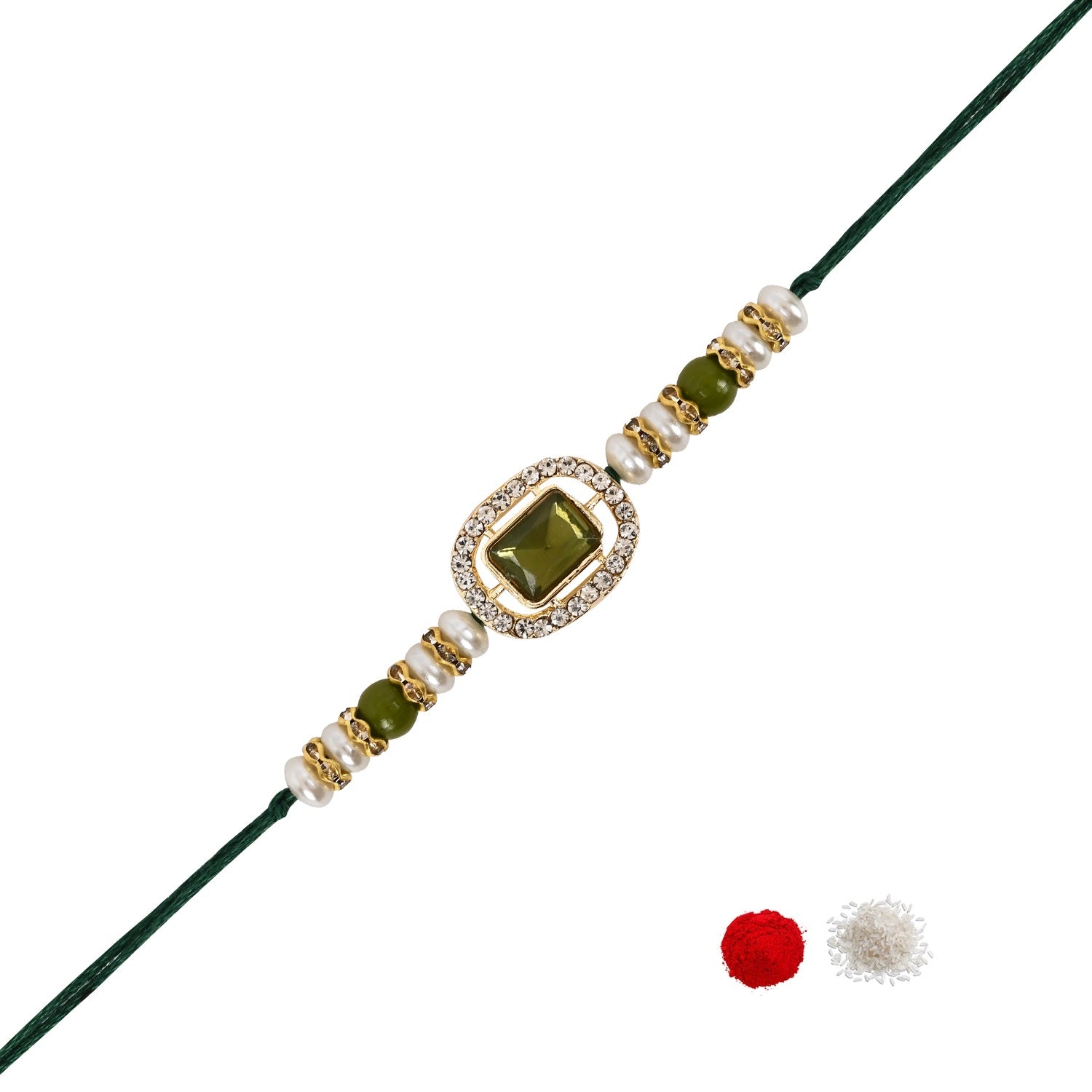 Delicate Pearl Beads Mehendi Rakhi with Roli Chawal & Rakshabandhan Card