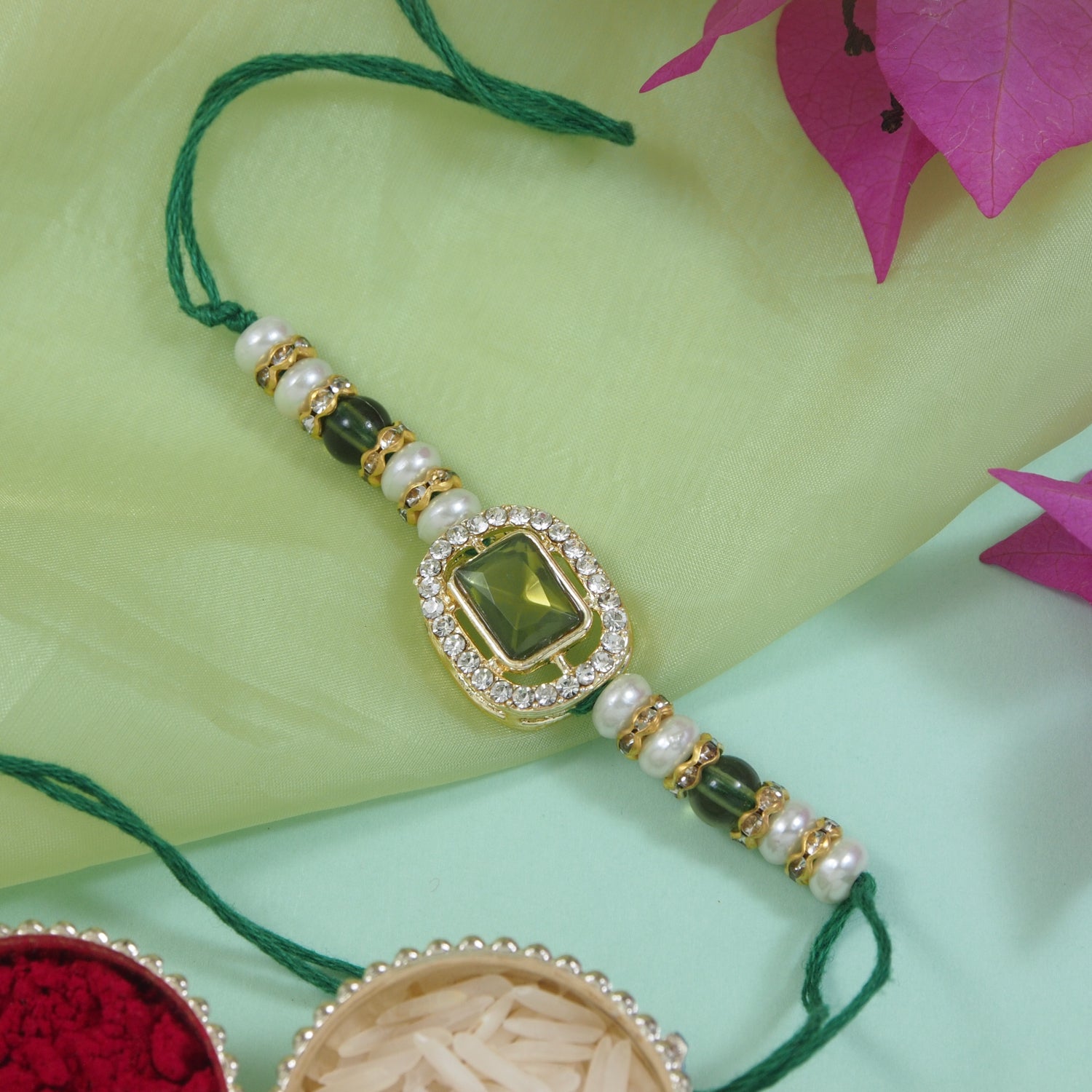 Delicate Pearl Beads Mehendi Rakhi with Roli Chawal & Rakshabandhan Card