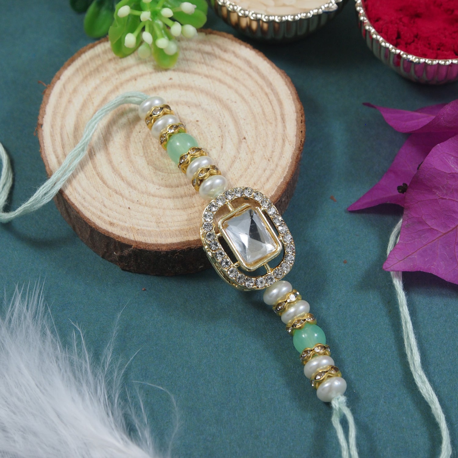 Delicate Pearl Beads Mint Rakhi with Roli Chawal & Rakshabandhan Card