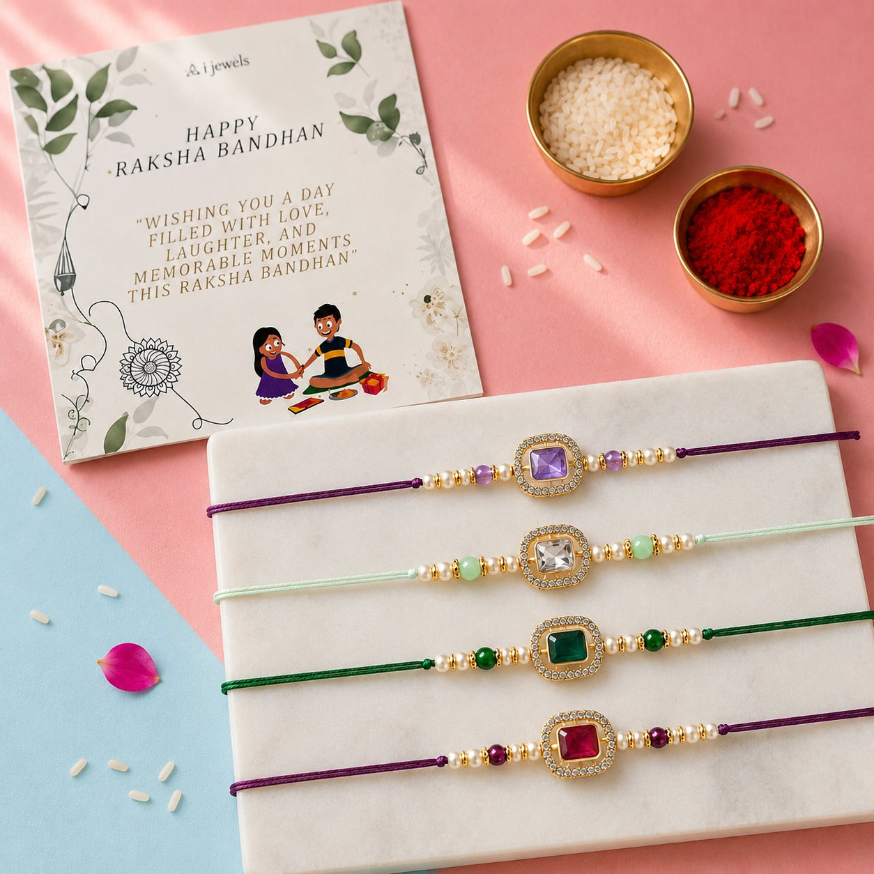 Elegance Kundan & Pearl Beads Rakhi with Roli Chawal & Card (Pack of 4)