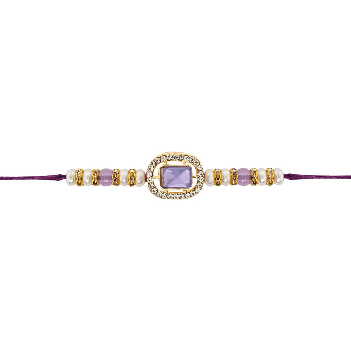 Delicate Pearl Beads Purple Rakhi with Roli Chawal & Rakshabandhan Card