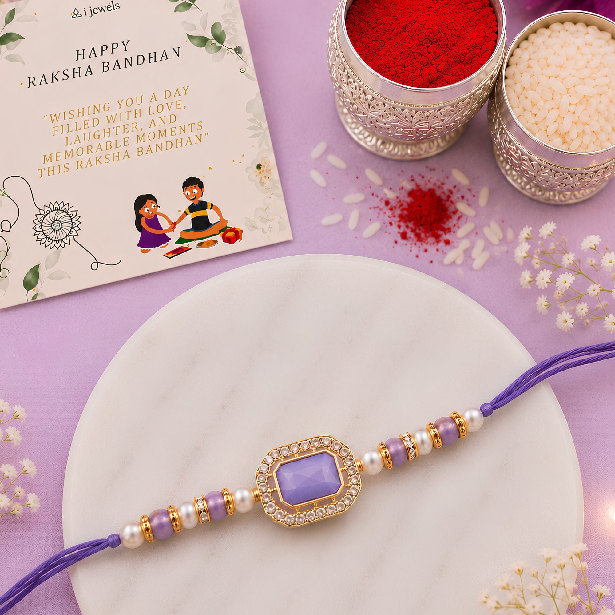 Delicate Pearl Beads Purple Rakhi with Roli Chawal & Rakshabandhan Card