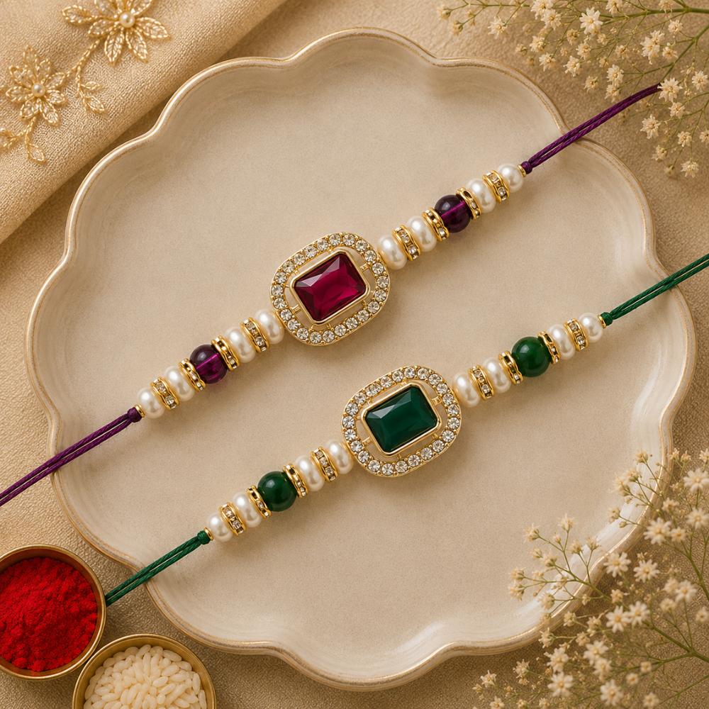 Elegance Kundan & Pearl Beads Rakhi with Roli Chawal & Card (Pack of 2)