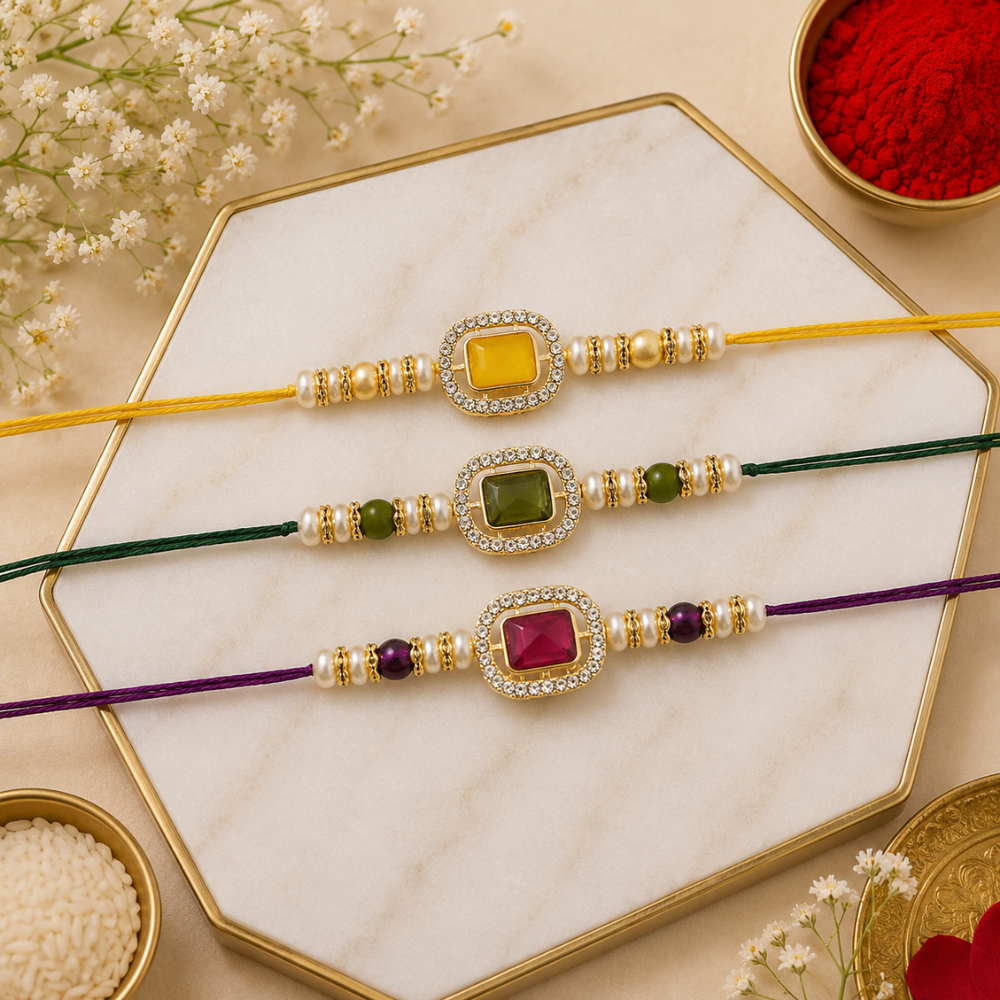 Elegance Kundan & Pearl Beads Rakhi with Roli Chawal & Card (Pack of 3)
