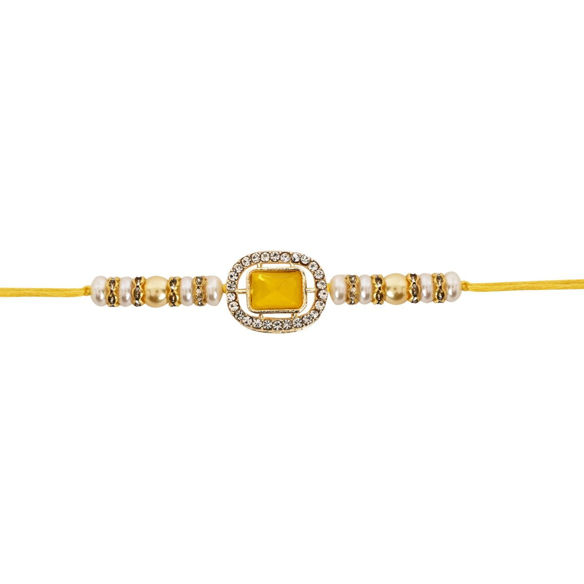 Delicate Pearl Beads Yellow Rakhi with Roli Chawal & Rakshabandhan Card